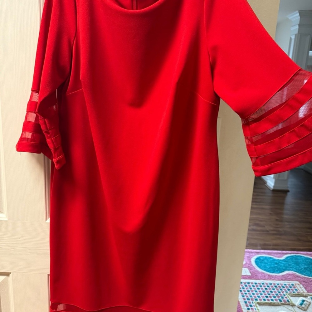 Calvin Klein Red Sheath Dress with Sheer Trim – Size 14W